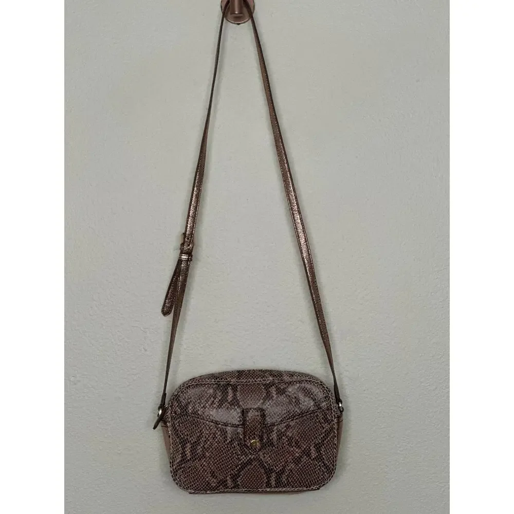 G.I.L.I Snake Embossed Leather Rose Gold Shimmer Crossbody Purse Camera Bag